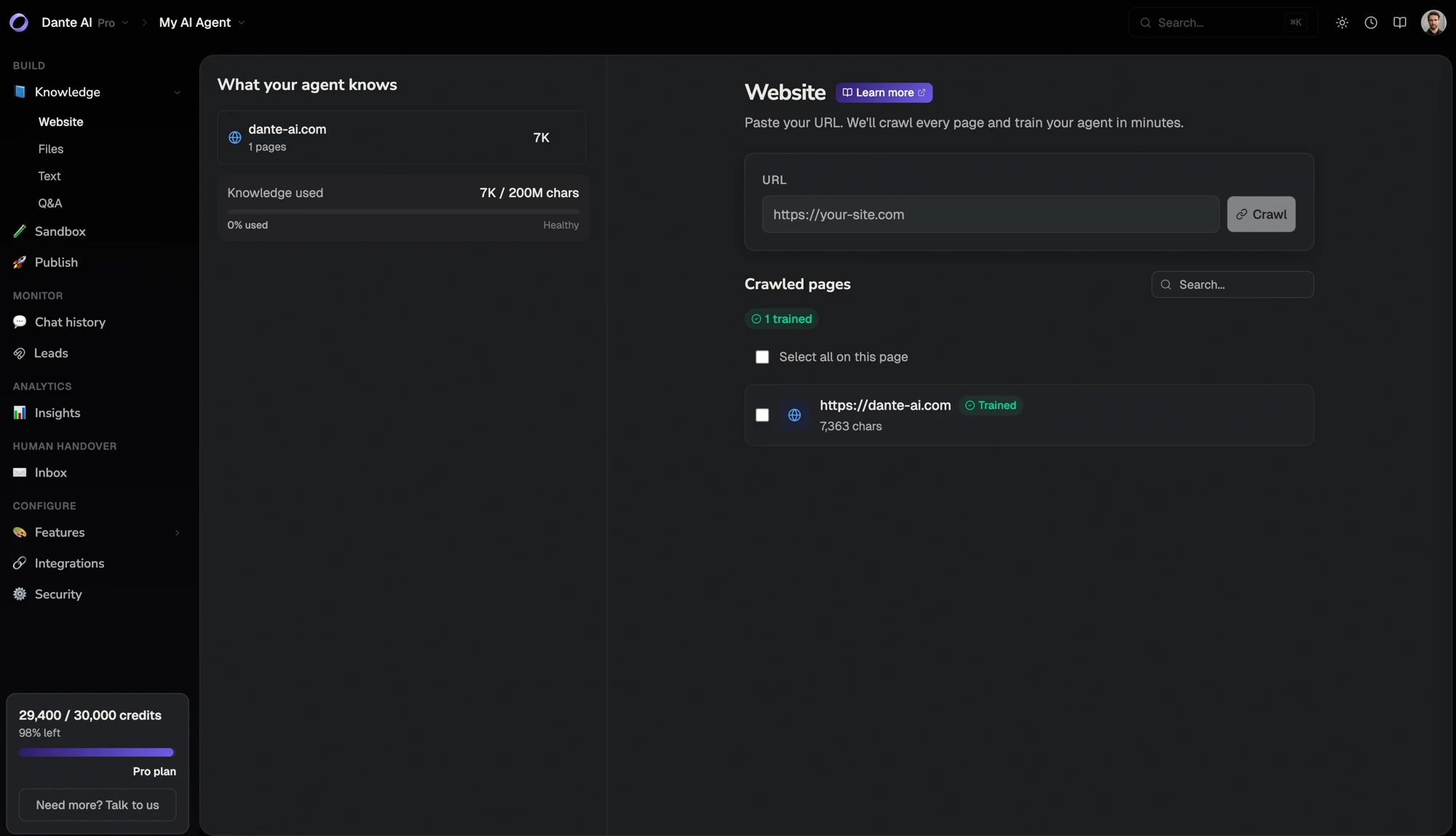 Train your AI agent on your own content.